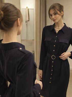 Zara Navy Long-Sleeve Shirt Dress with Belt Gold and Satin Details XL
